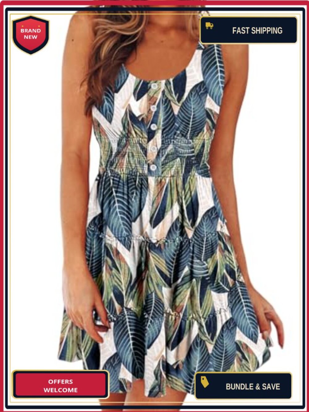 Women's Sleeveless Button Down Casual Swing Mini Dress - Smocked High Waist